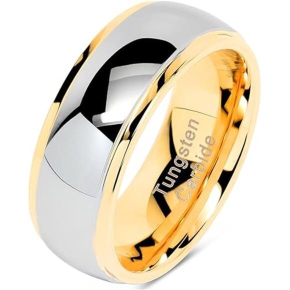 Engraved Personalized Tungsten Rings For Men Women Wedding Band Two Tone Gold - Picture 7 of 7